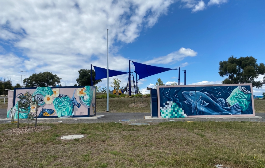 Image of painted murals that wrap the four sides of two large infrastructure service boxes at Whitlam.