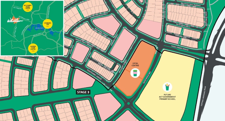 Whitlam estate map showing local centre and future primary school sites